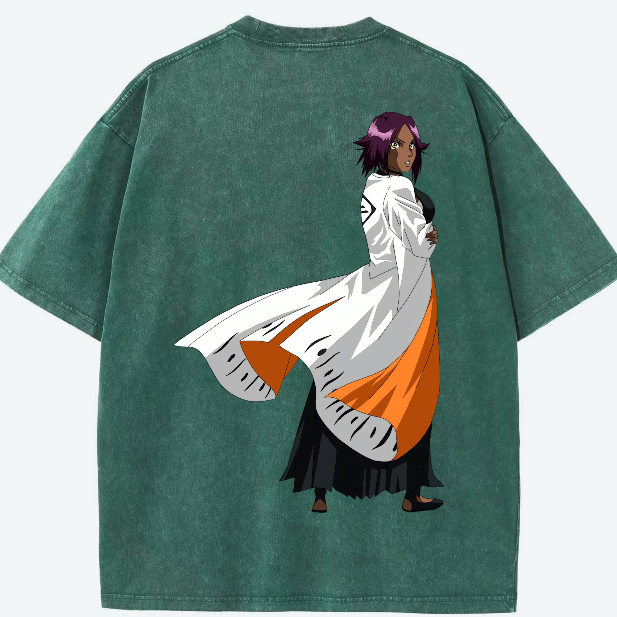 （画像用） ブリーチ 四楓院 夜一（しほういん よるいち） BLEACH Shihouin Yoruichi 綿100% ヴィンテージ風 半袖Tシャツ（背面プリント）